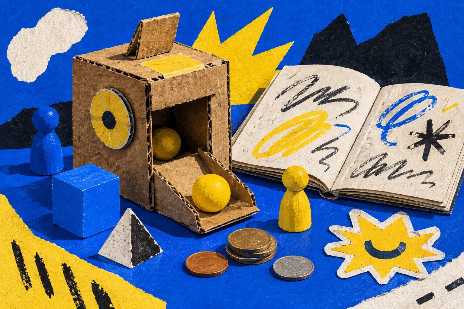 An illustrated notebook, cardboard prototype, game pieces and coins on a blue workbench
